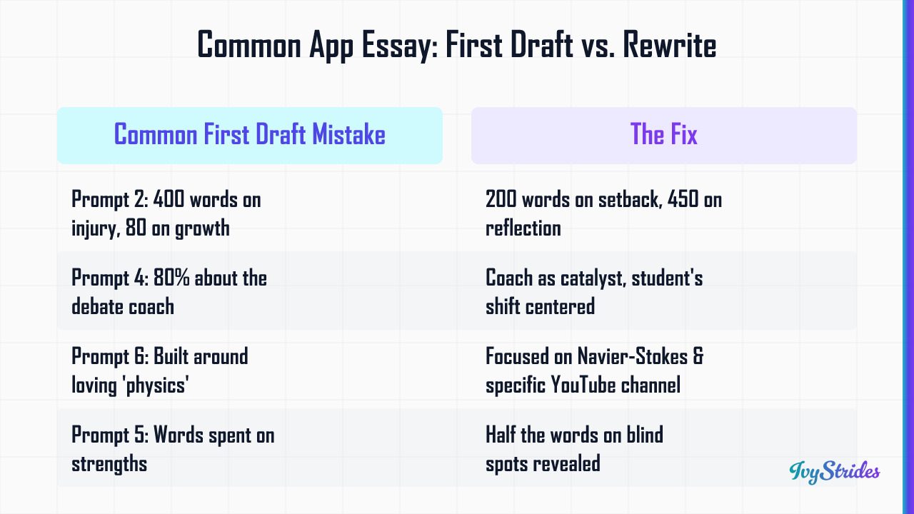 Comparison table showing Common App essay first draft mistakes vs. coaching fixes for Prompts 1–6
