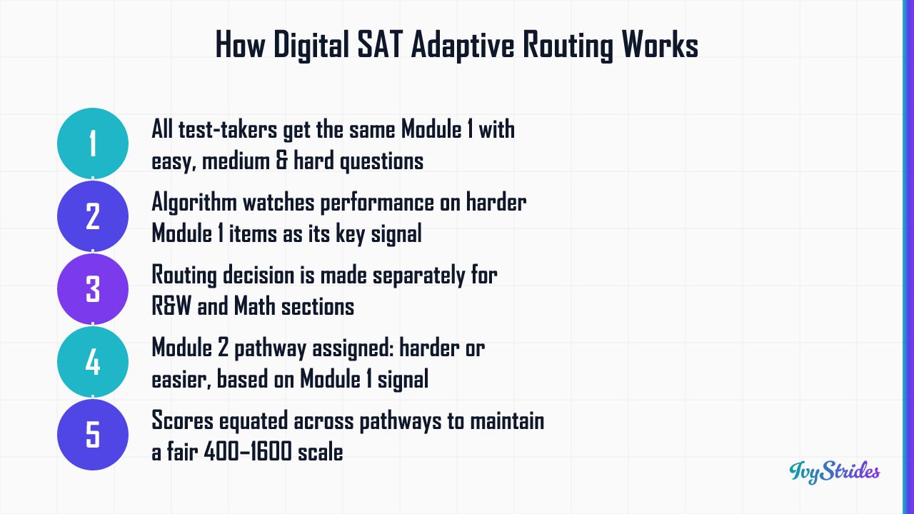 5-step diagram showing how the Digital SAT adaptive routing algorithm assigns Module 2 pathways independently per section