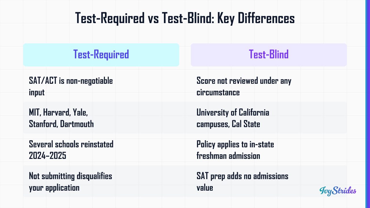 Comparison table contrasting test-required colleges like MIT and Harvard versus test-blind schools like UC campuses in 2026 a