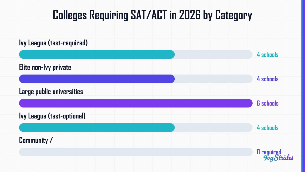 Bar chart showing number of colleges requiring SAT by category in 2026: 6 large publics lead, followed by 4 Ivies and 4 elite