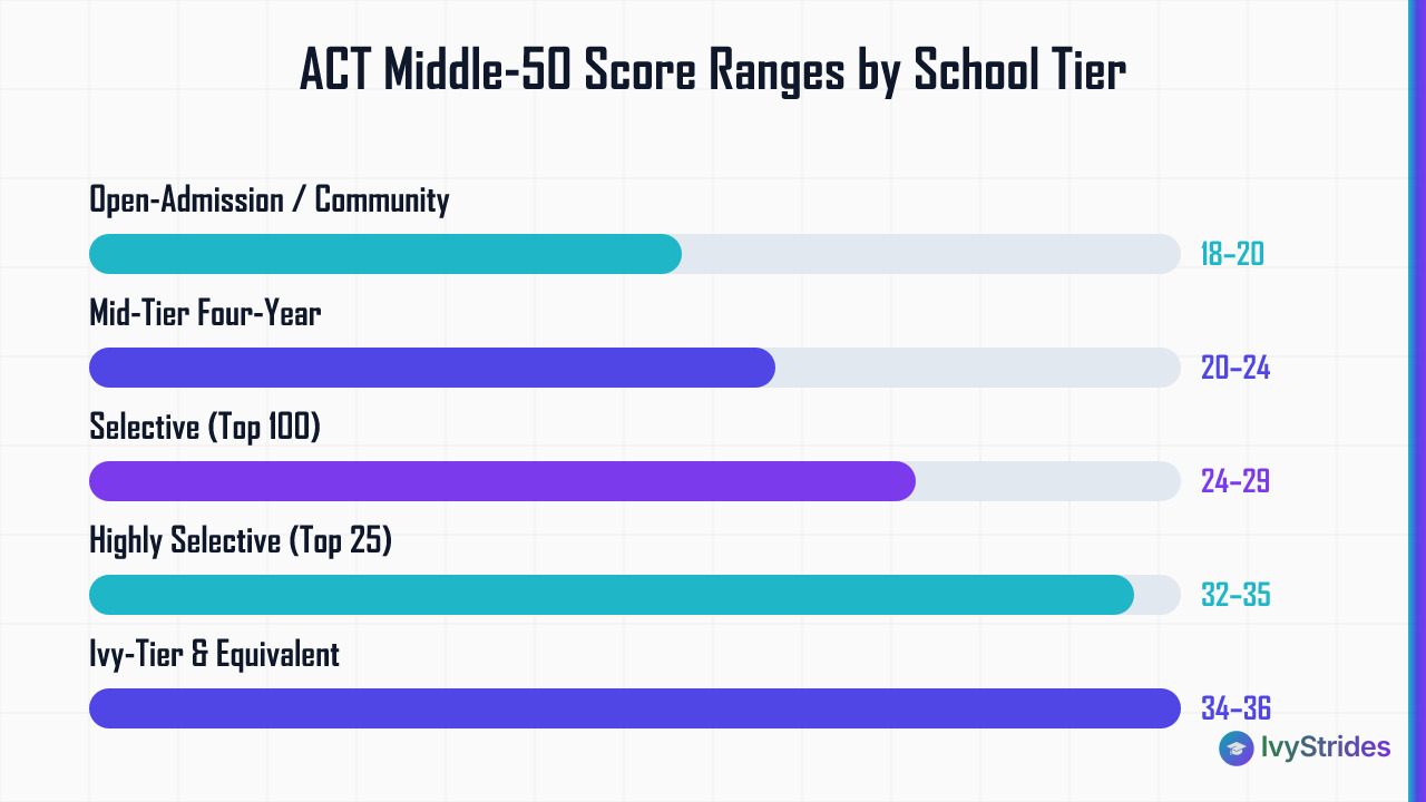 Horizontal bar chart showing ACT middle-50 score ranges by college tier, from open-admission (18–20) to Ivy-tier (34–36).