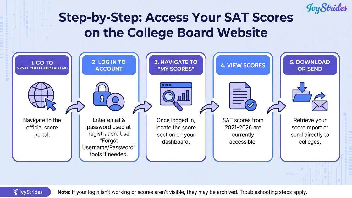 Infographic showing steps to access SAT scores on College Board website.