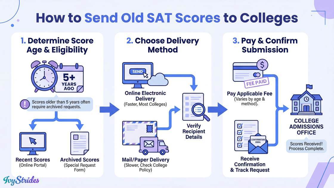 Infographic showing steps to send old SAT scores to colleges.