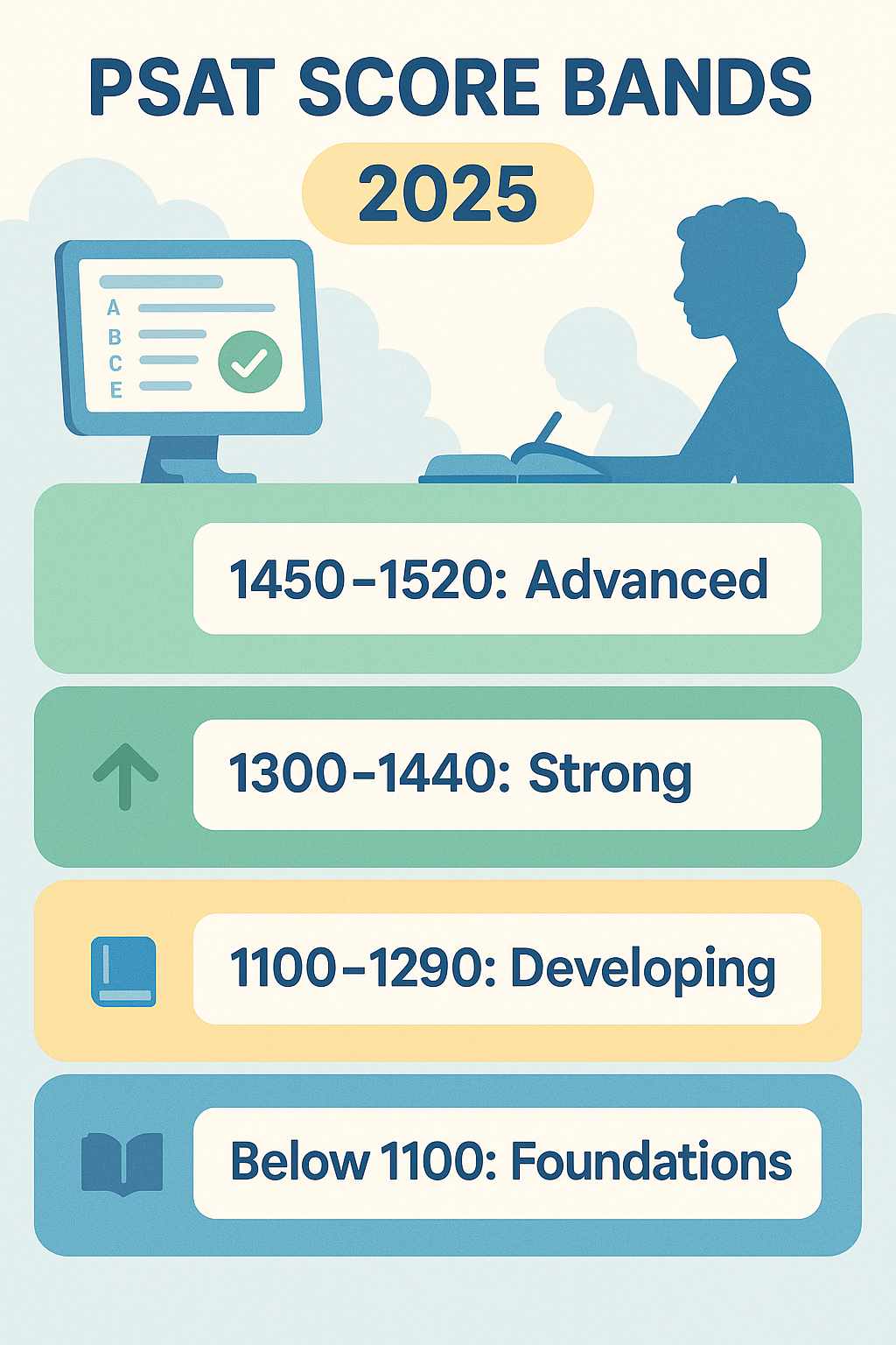 A chart showing PSAT score bands for 2025, highlighting Advanced, Strong, and Foundations levels with simple study visuals.