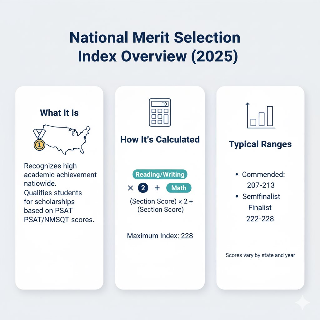 Infographic explains the National Merit Selection Index 2025; what it is, how it’s calculated, and typical qualifying ranges.