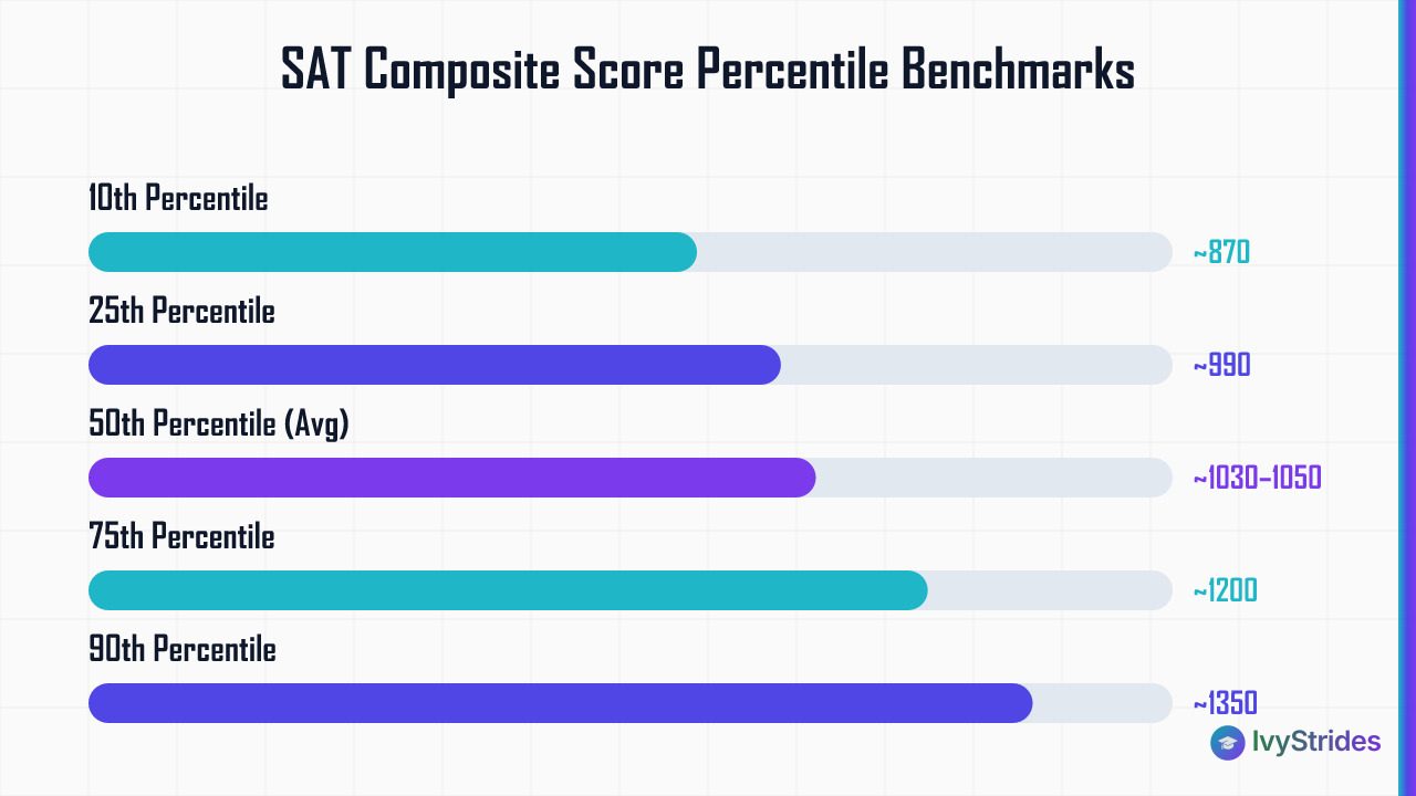 Horizontal bar chart showing 2026 SAT composite scores by percentile rank from 870 at 10th to 1550+ at 99th percentile