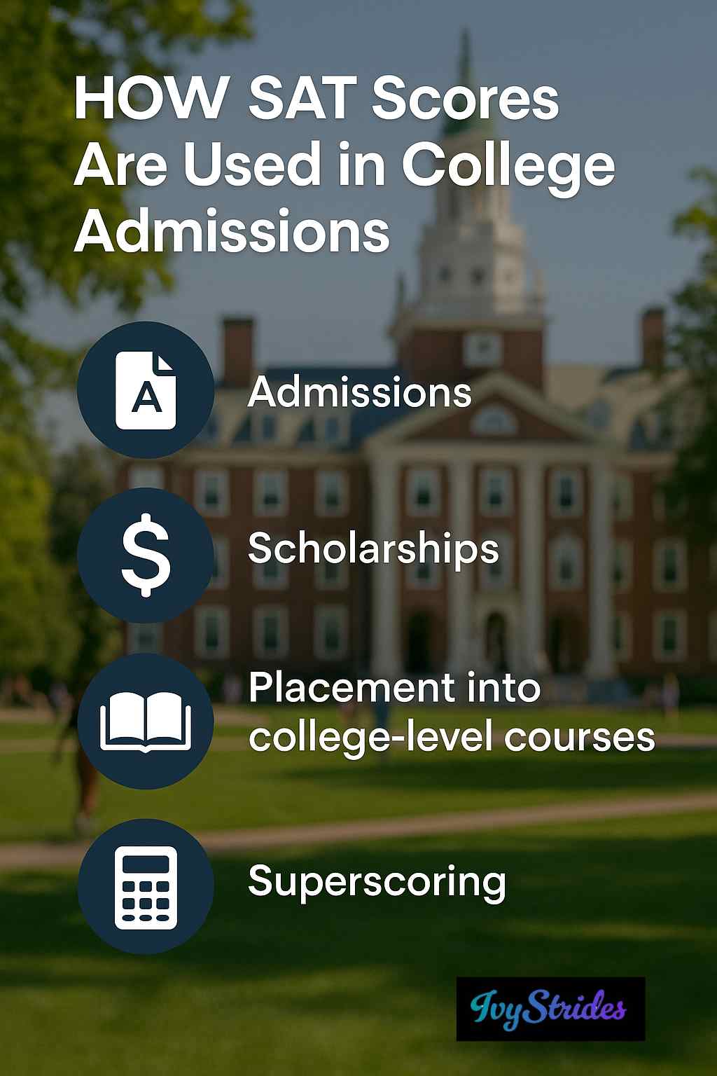 Graphic showing how SAT scores impact college admissions, scholarships, placement, and superscoring.