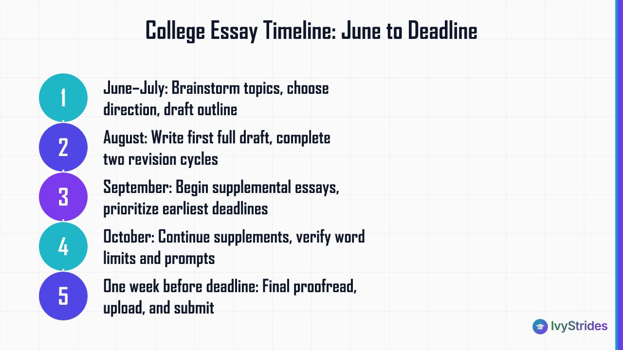 5-step college essay timeline from June brainstorming to final submission for November Early Decision deadlines