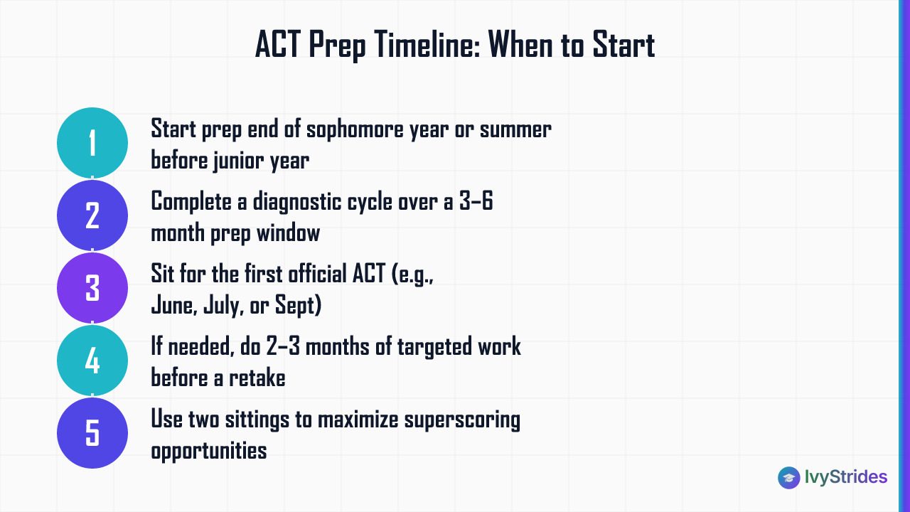 5-step ACT prep timeline showing when students should start, prep windows, test dates, and retake strategy for 2026