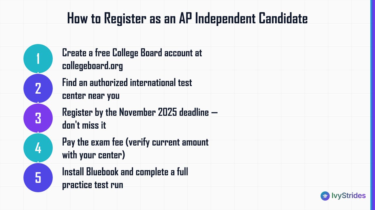 5-step process for international students to register as AP independent candidates, from account creation to Bluebook practic