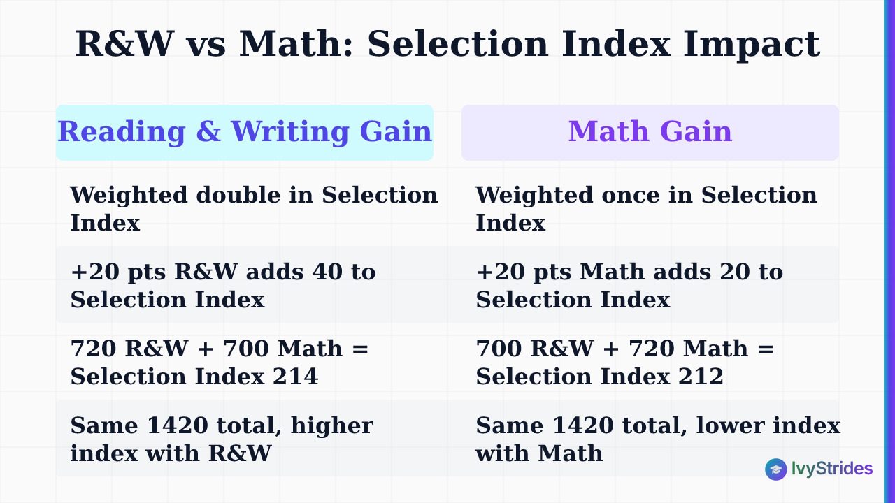 Comparison table showing how Reading & Writing gains add twice as many Selection Index points as equivalent Math gains for Na