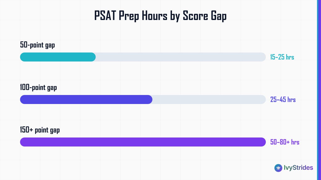 Horizontal bar chart showing PSAT prep hours needed: 15–25 hrs for 50-pt gap, 25–45 for 100-pt, 50–80+ for 150+ pt gap