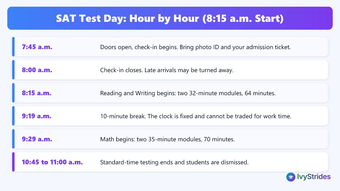 SAT test day timeline for an 8:15 a.m. start: check-in 7:45, Reading and Writing 8:15, break 9:19, Math 9:29, dismissal 10:45 to 11:00 a.m.