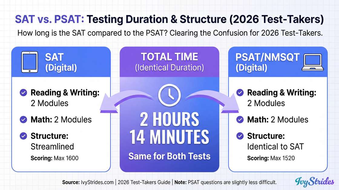 Comparison of SAT and PSAT testing duration and structure.