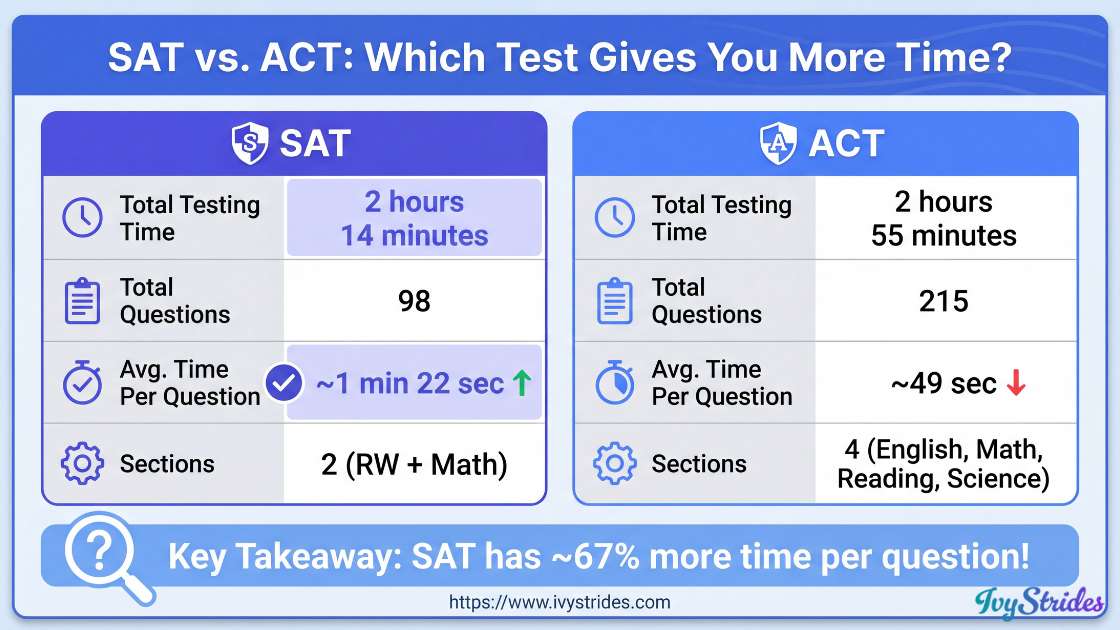 Comparison of SAT and ACT testing times and questions.