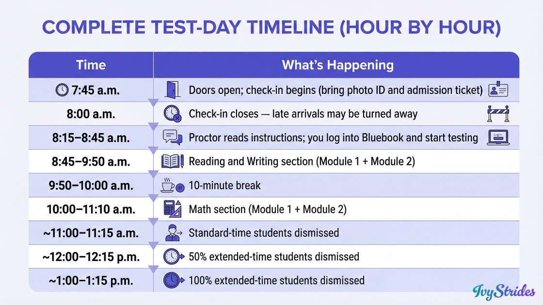 Hourly timeline for a typical SAT test day.