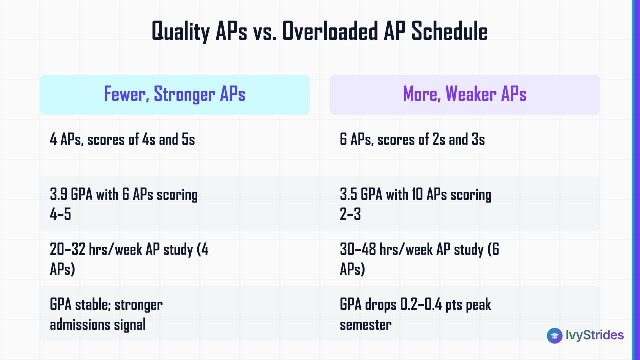 Comparison table showing fewer high-scoring APs outperform many low-scoring APs in GPA, exam scores, and admissions strength