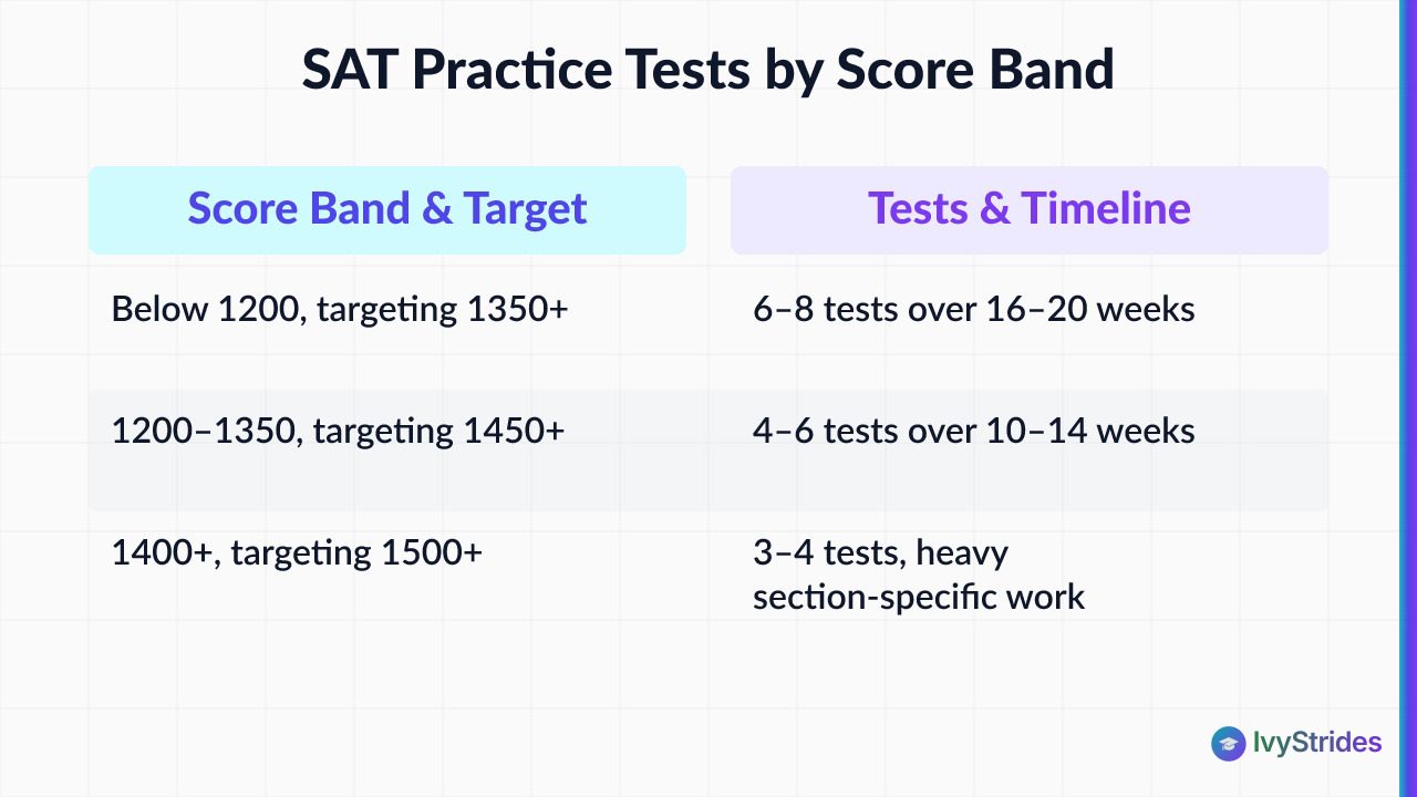 Comparison table showing recommended SAT practice test counts and timelines by starting score band and target score