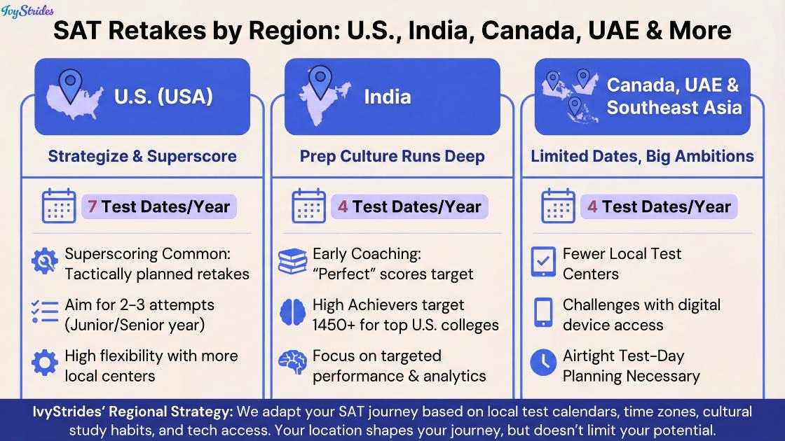 Infographic comparing SAT retake strategies across U.S., India, Canada, and UAE.