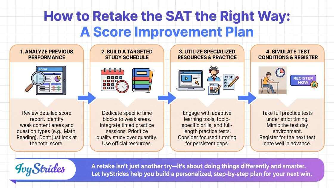 Infographic illustrating a strategic plan for retaking the SAT to improve scores.