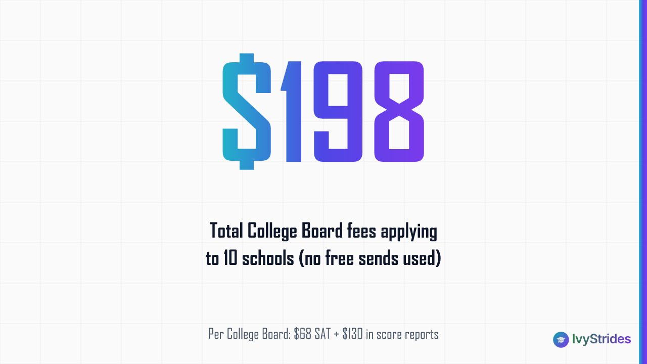 Stat callout showing $198 total SAT and score send fees when applying to 10 colleges without using free sends