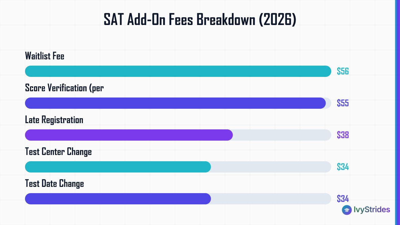 Horizontal bar chart comparing SAT add-on fees in 2026, ranging from $34 for date/center changes to $56 for waitlist.