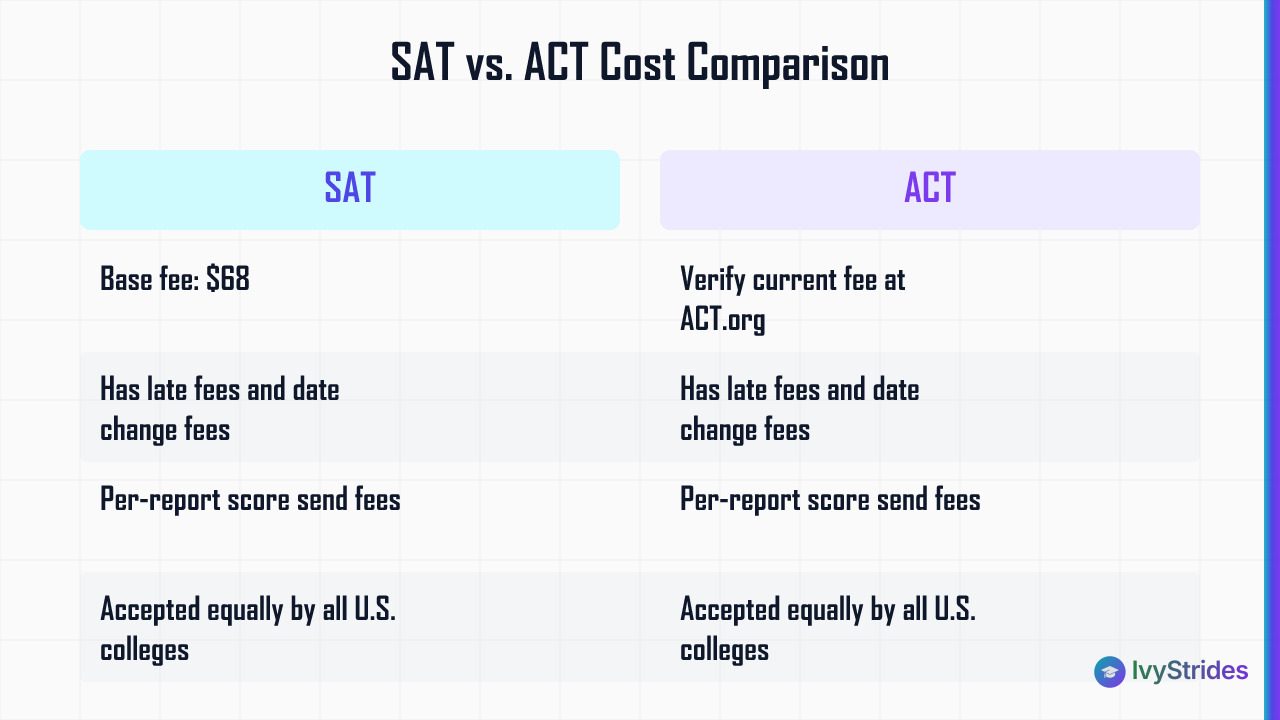 Comparison table of SAT vs ACT costs showing base fees, add-on fee structures, and college acceptance parity for 2026