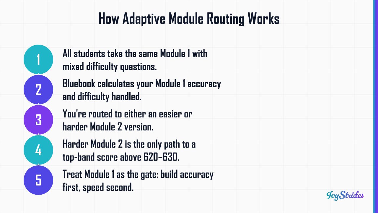 5-step diagram showing how Digital SAT adaptive module routing determines your score ceiling on the 1600 scale