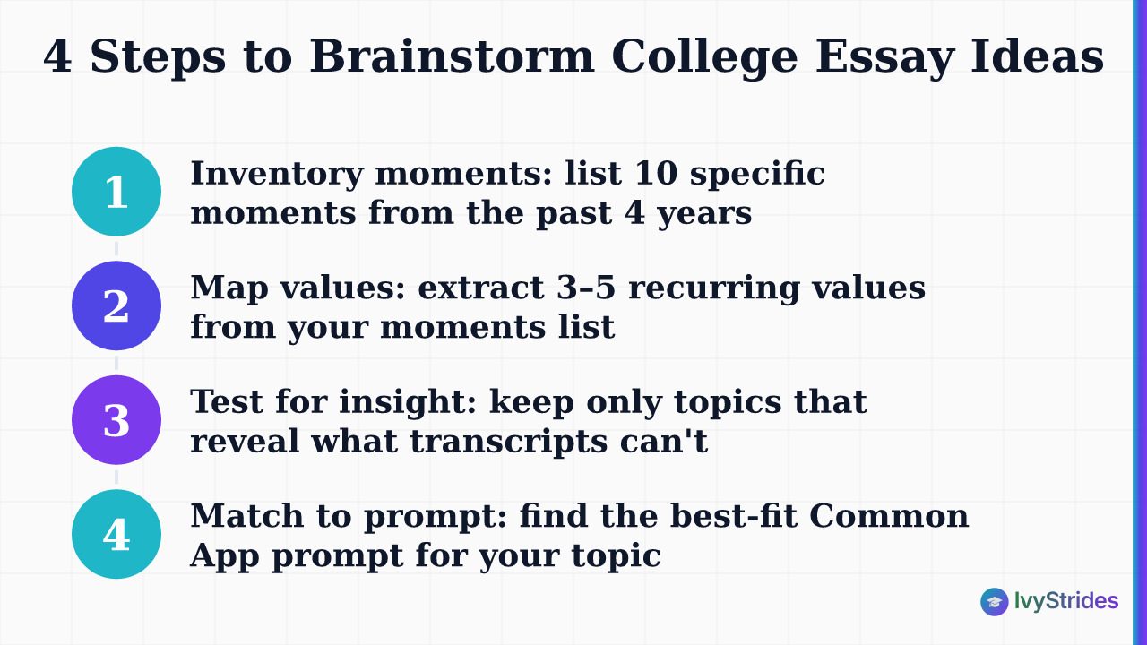 Four-step college essay brainstorm framework: inventory moments, map values, test for insight, match to prompt