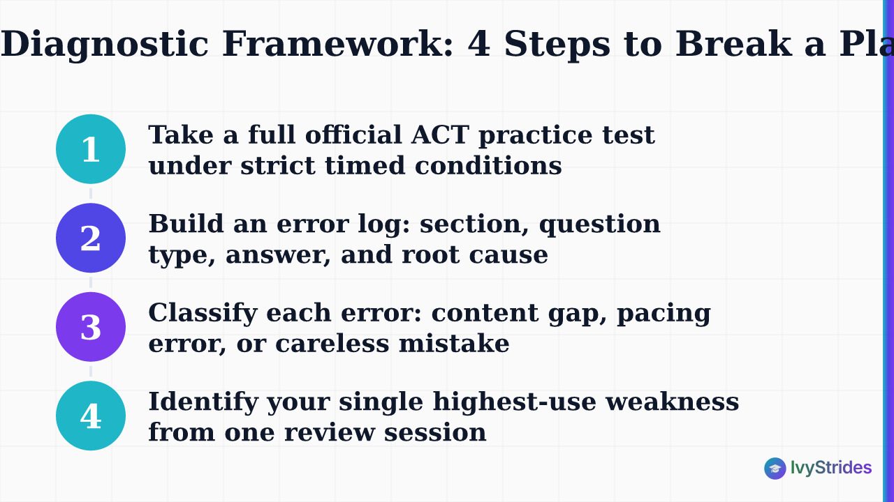 4-step ACT diagnostic process: timed test, error log, root cause classification, and weakness identification