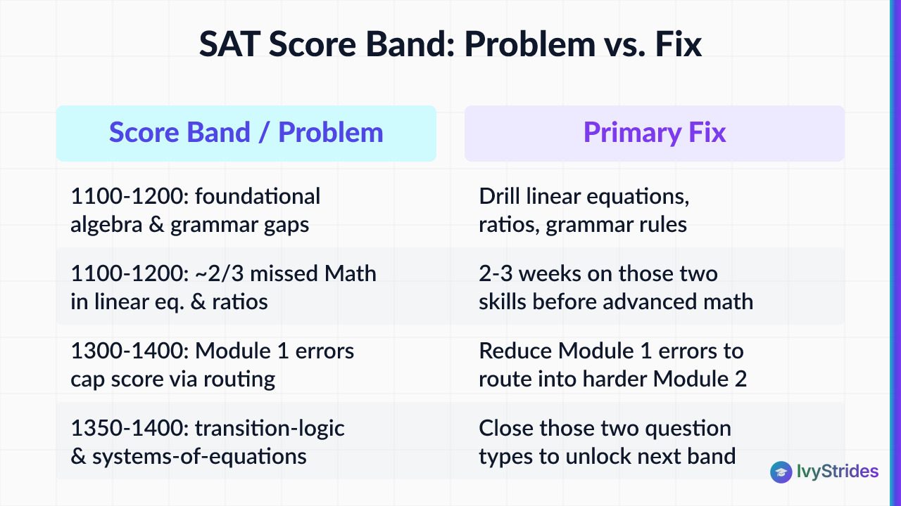 Comparison table showing SAT score band plateaus and their targeted fixes from 1100 to 1550