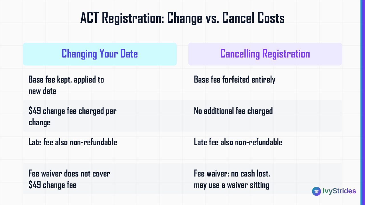 Comparison table showing ACT registration costs and refund rules when changing a test date versus cancelling registration ent