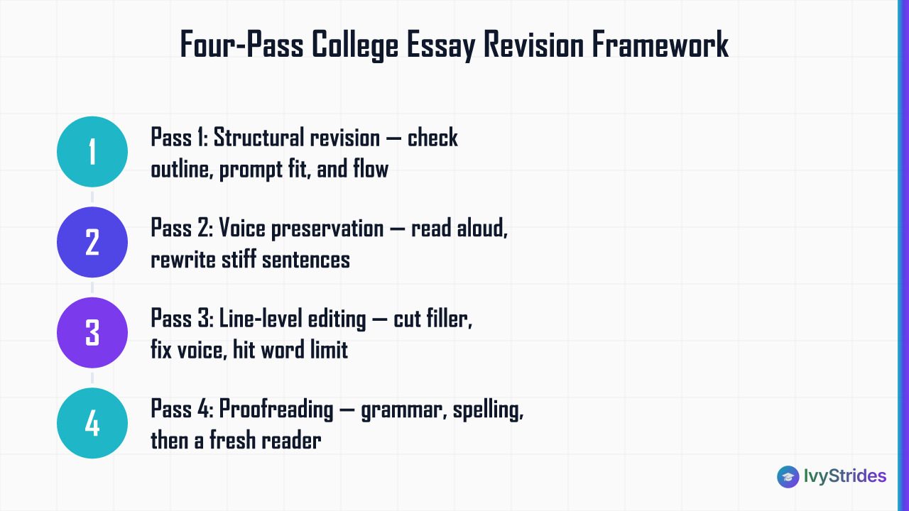 Four numbered revision passes for college essays: structure, voice, line editing, and proofreading in order