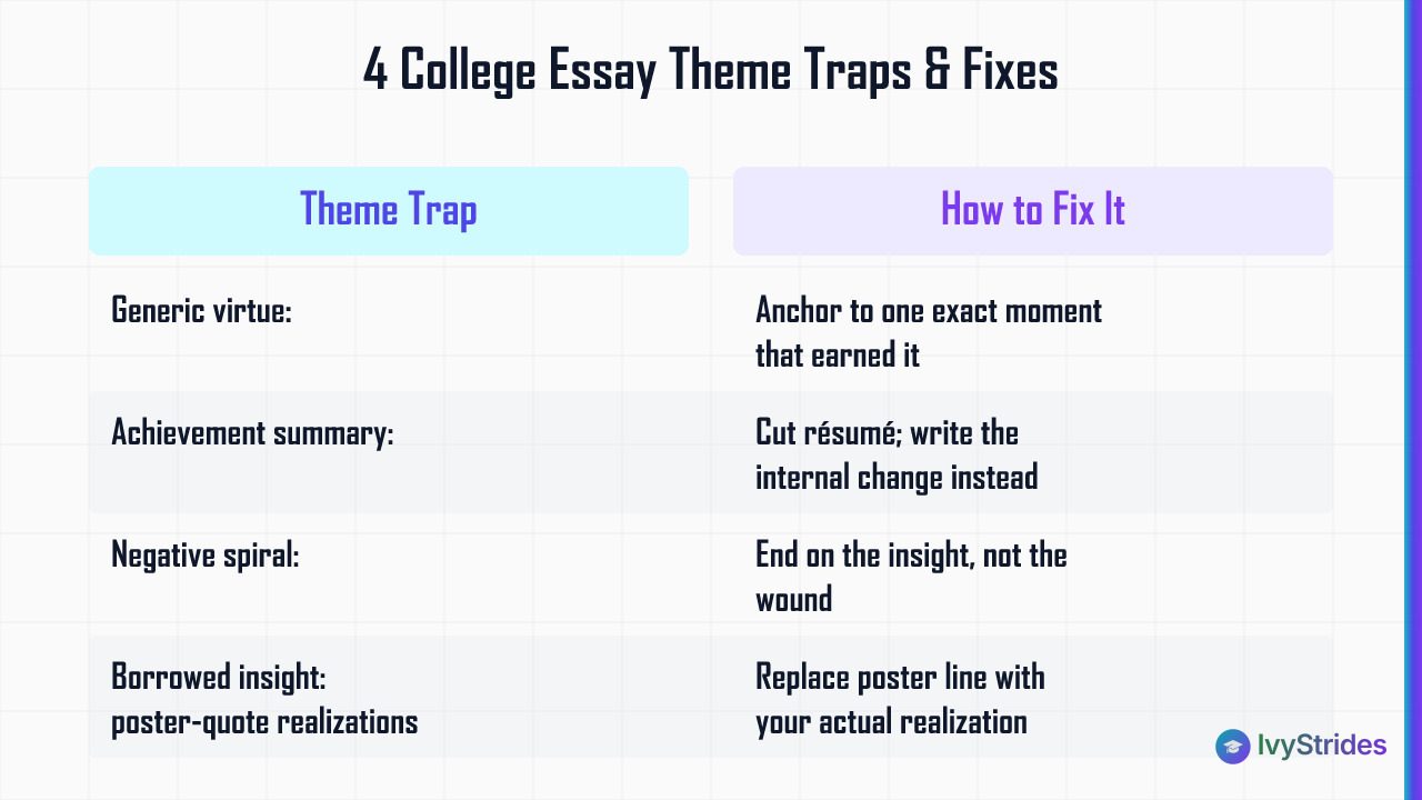Comparison table of 4 college essay theme traps versus fixes: generic virtue, achievement summary, negative spiral, borrowed 