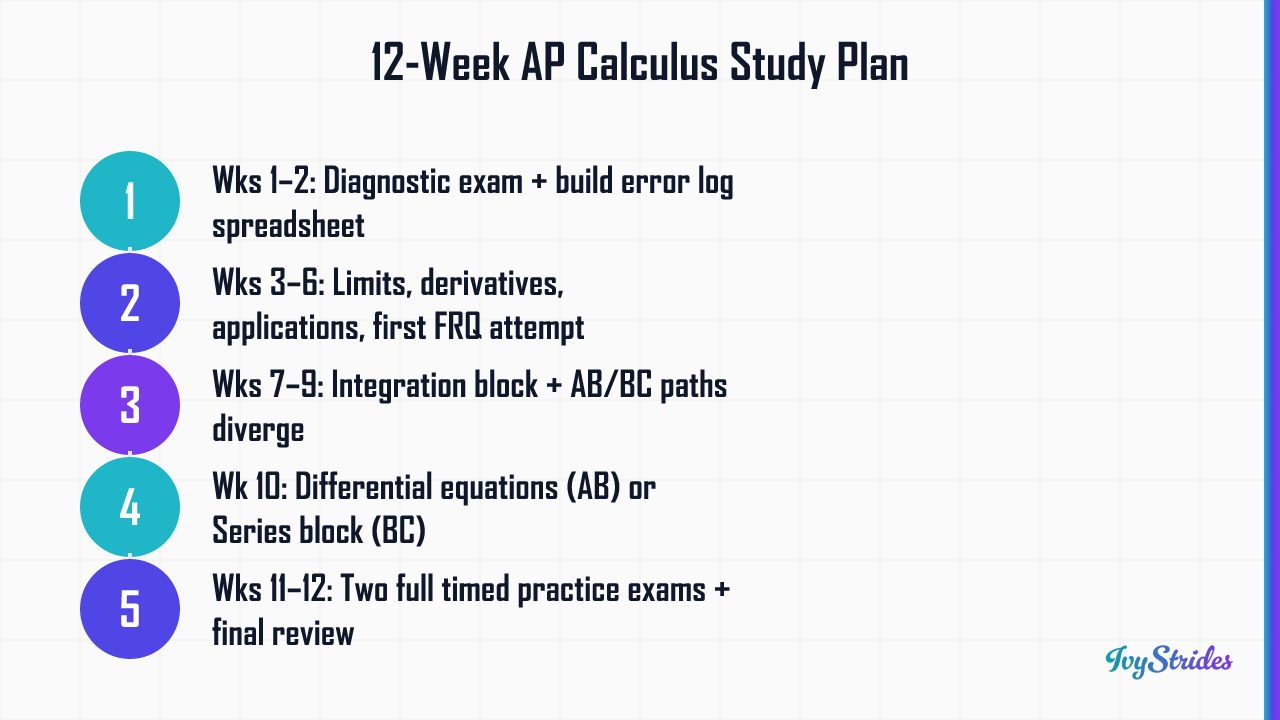 5-step 12-week AP Calculus AB and BC study plan from diagnostic exam to two full timed practice exams