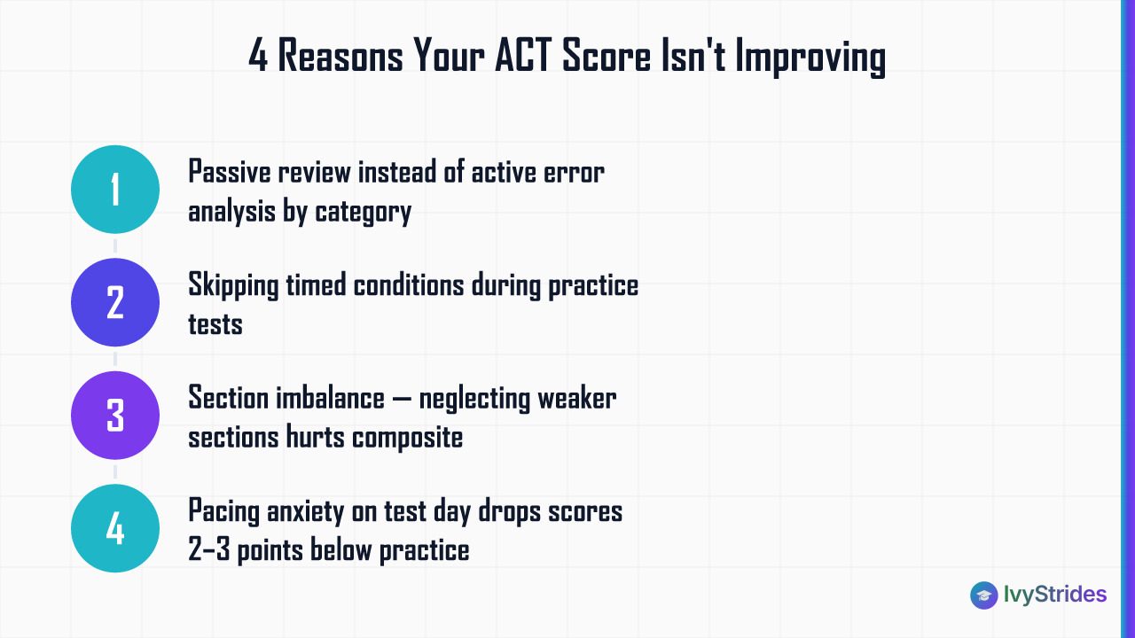 4 common ACT score plateau causes: passive review, untimed practice, section imbalance, and test-day pacing anxiety