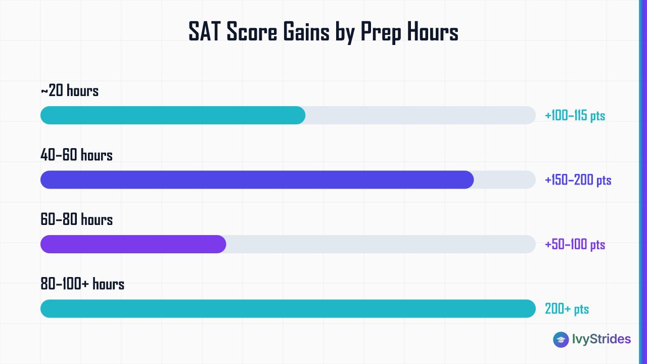 Horizontal bar chart showing typical SAT score gains by prep hours: 20hrs gains 100-115pts, 40-60hrs gains 150-200pts, 60-80h