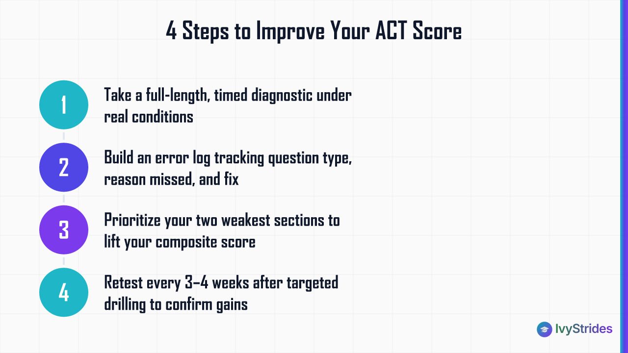 Four numbered steps to improve your ACT score: diagnostic, error log, weakest sections, spaced retesting
