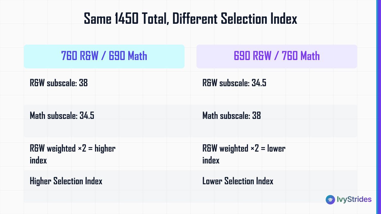 Comparison table showing two students with identical 1450 PSAT totals but different R&W vs Math splits produce different Sele