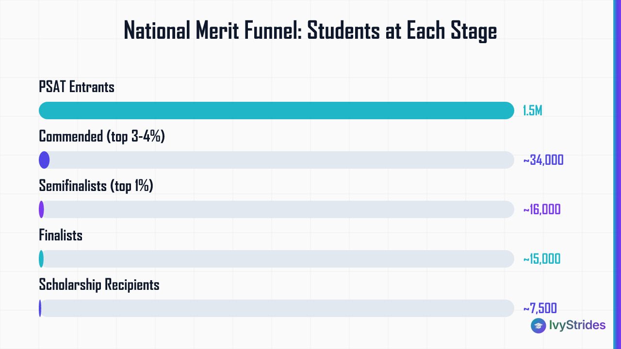 Bar chart showing National Merit funnel from 1.5M PSAT takers down to 7,500 scholarship recipients in 2026