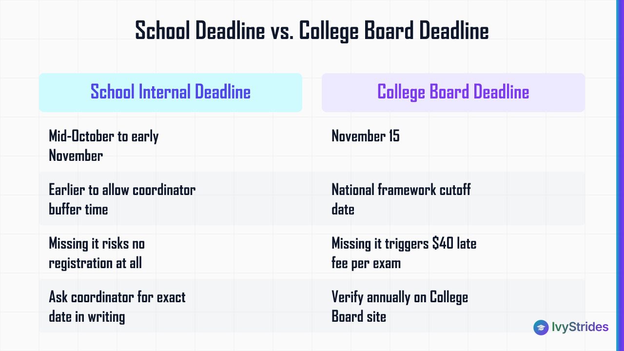 Comparison table showing school internal AP exam deadlines in mid-October to early November versus the College Board's Novemb