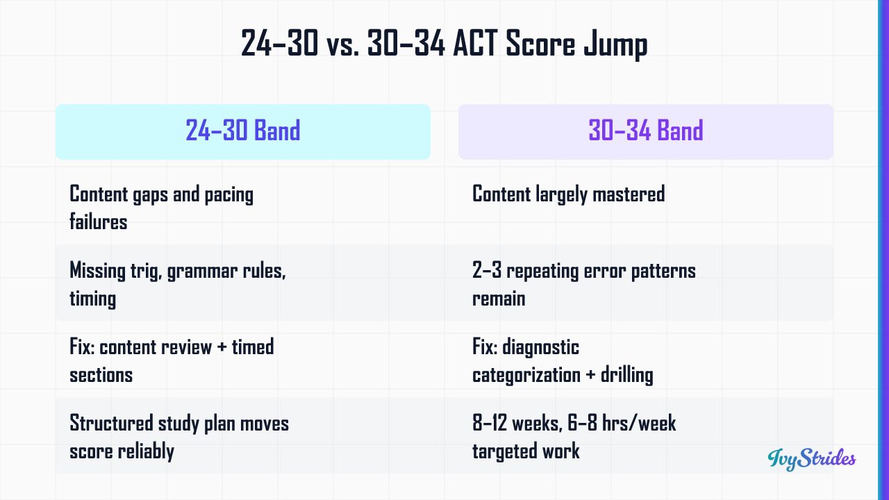 Comparison table contrasting ACT score improvement strategies for the 24–30 band versus the 30–34 band