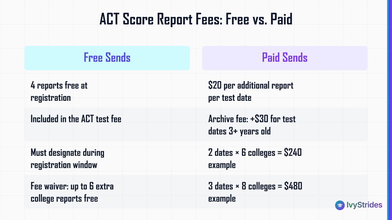 Comparison table of free vs paid ACT score report options including registration sends, fee waivers, and archive fees