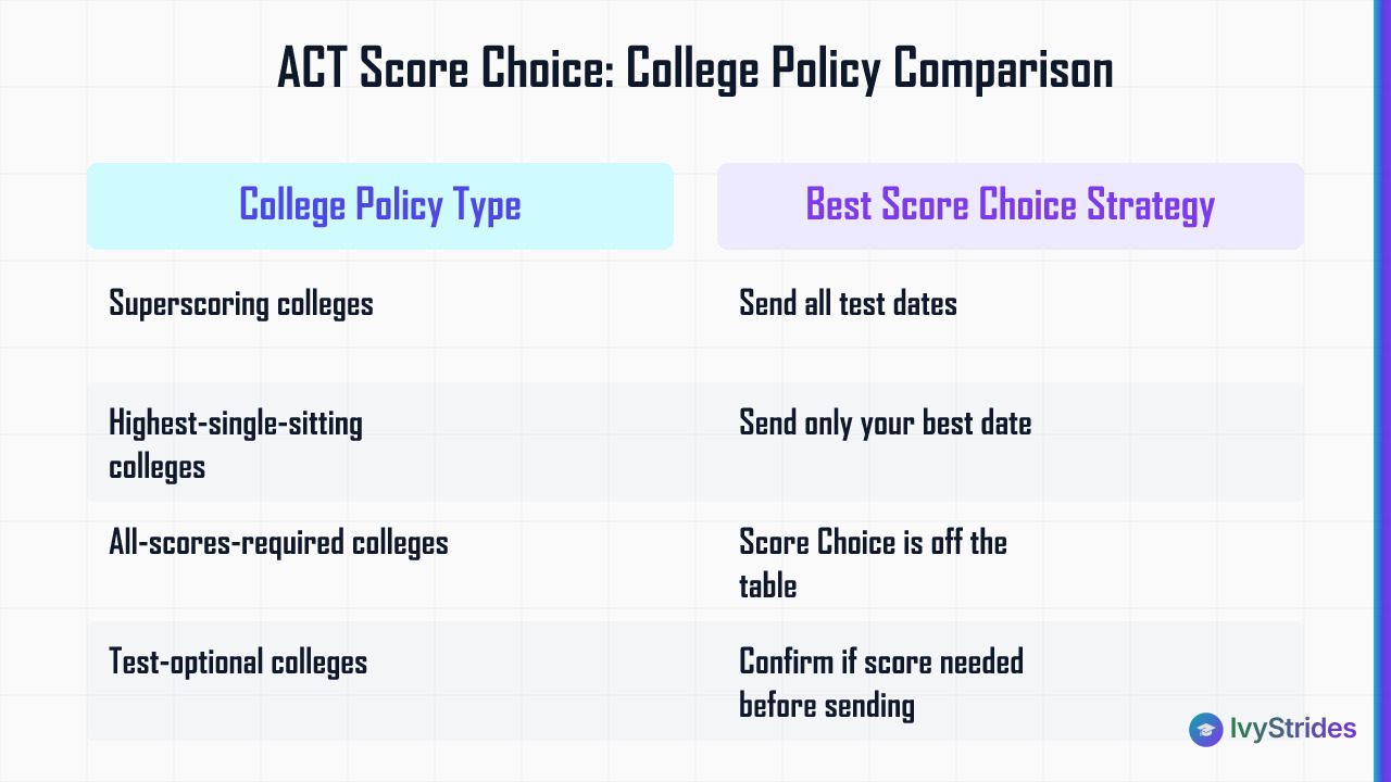 Comparison table of ACT Score Choice strategies by college policy type: superscore, single-sitting, all-required, and test-op