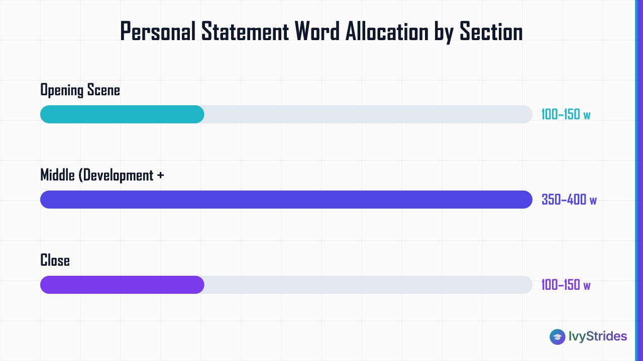 Horizontal bar chart showing personal statement word allocation: 100–150 words opening, 350–400 words middle, 100–150 words c