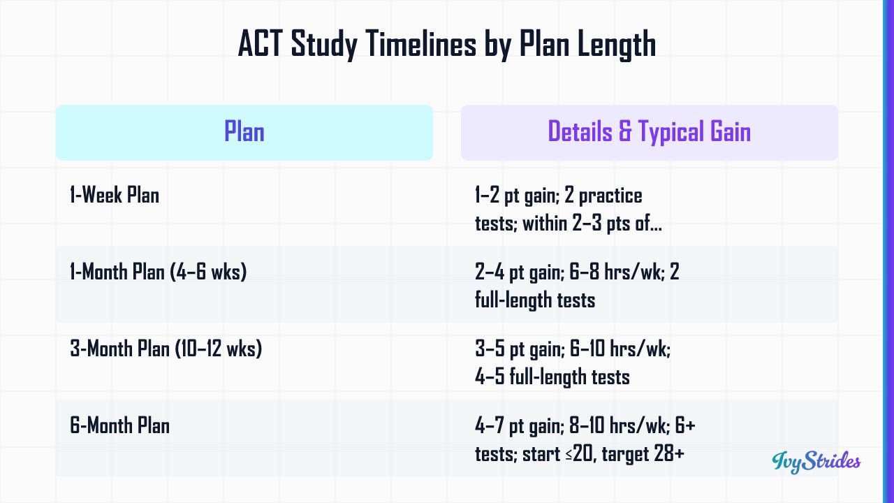 Comparison table of ACT study plan timelines showing duration, weekly hours, practice tests, and typical score gains