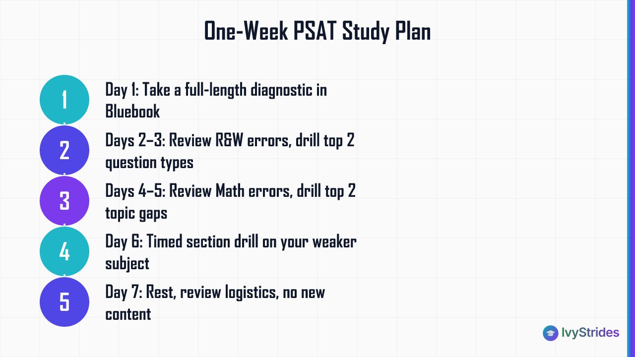 5-step one-week PSAT study plan from diagnostic test to rest day, based on IvyStrides prep guidance