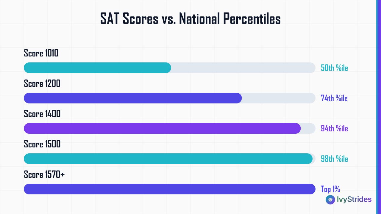 Horizontal bar chart showing SAT scores from 1010 to 1570+ mapped to national percentiles from 50th to top 1%