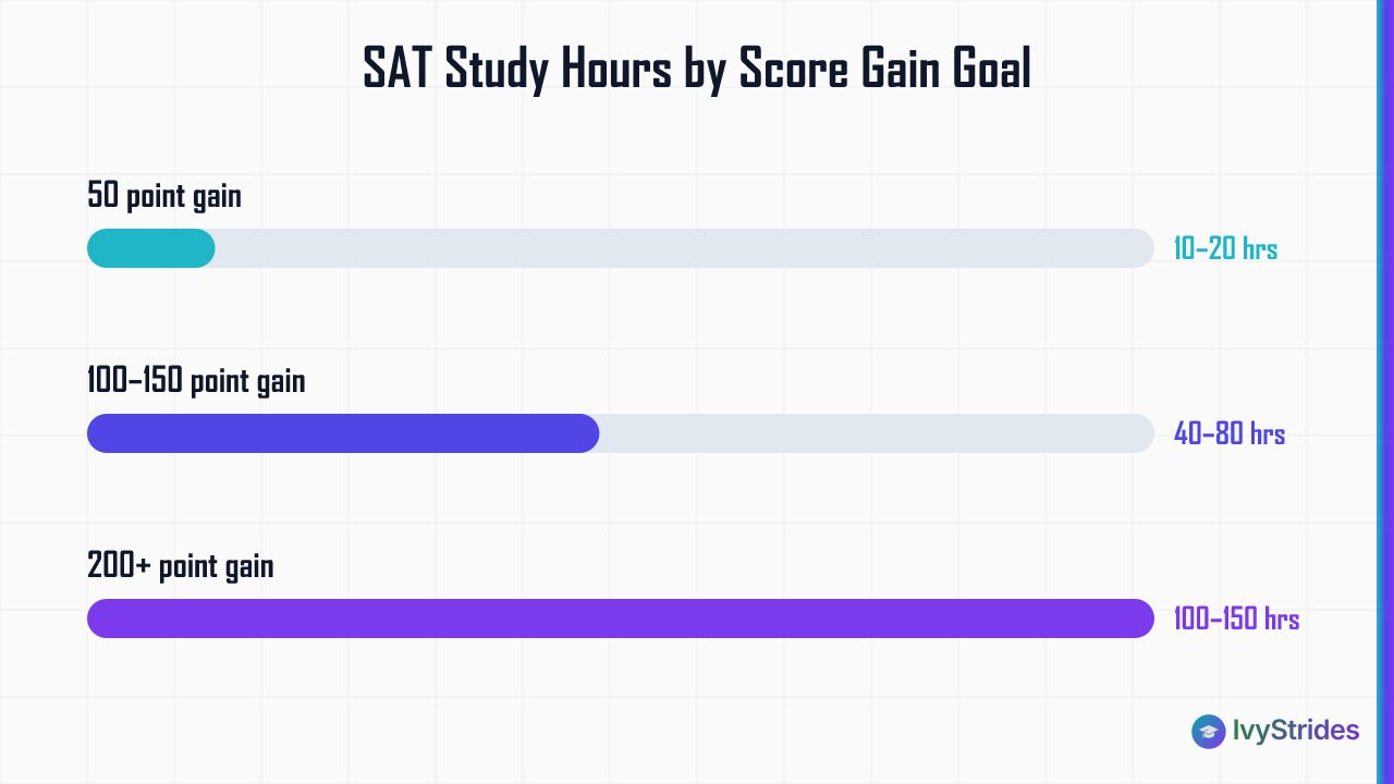 Horizontal bar chart showing SAT study hours needed: 10-20 hrs for 50pt gain, 40-80 hrs for 100-150pt gain, 100-150 hrs for 2