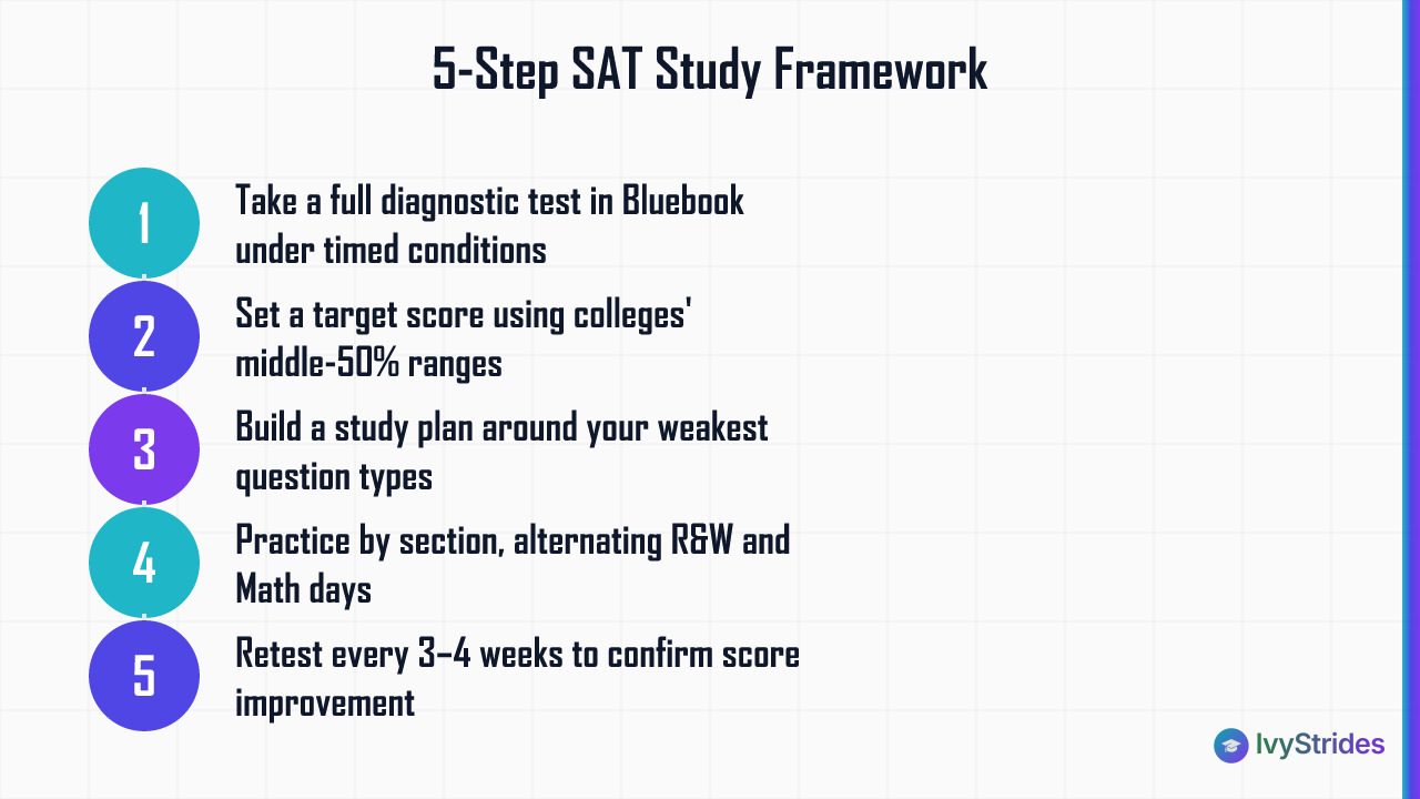 Five-step SAT study framework: diagnostic test, target score, study plan, section practice, and retesting every 3–4 weeks